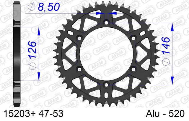 AFAM Bakdrev, Alu#520 S/C Blå, Suzu, 50T DR/DRZ, RM125/250, RMX250/450,RMZ250/450 