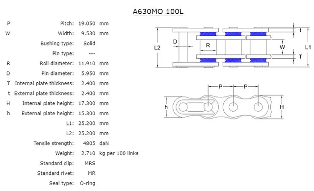 AFAM Kjede 630MO, O-Ring, 100L Solid kjede for Gatesykler 800-1100cc 