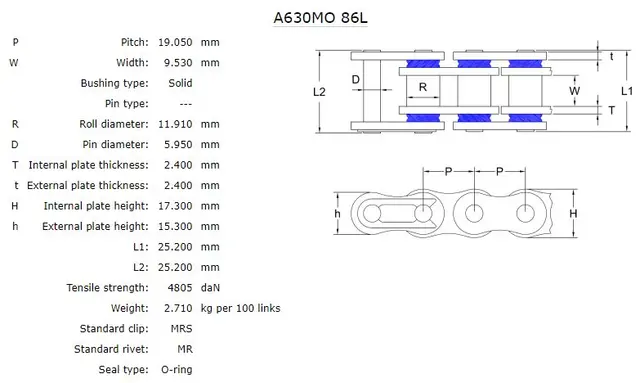 AFAM Kjede 630MO, O-Ring, 86L Solid kjede for Gatesykler 800-1100cc 