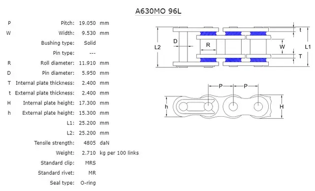 AFAM Kjede 630MO, O-Ring, 96L Solid kjede for Gatesykler 800-1100cc 