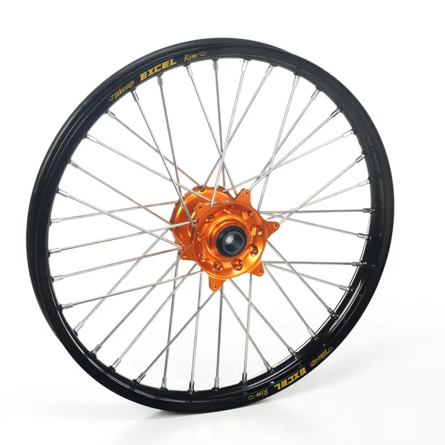 Haan Framhjul 17x3,50 - KTM/HQ/HU - 22mm Sort Ring/Eiker/Nippler, Oransje Nav 